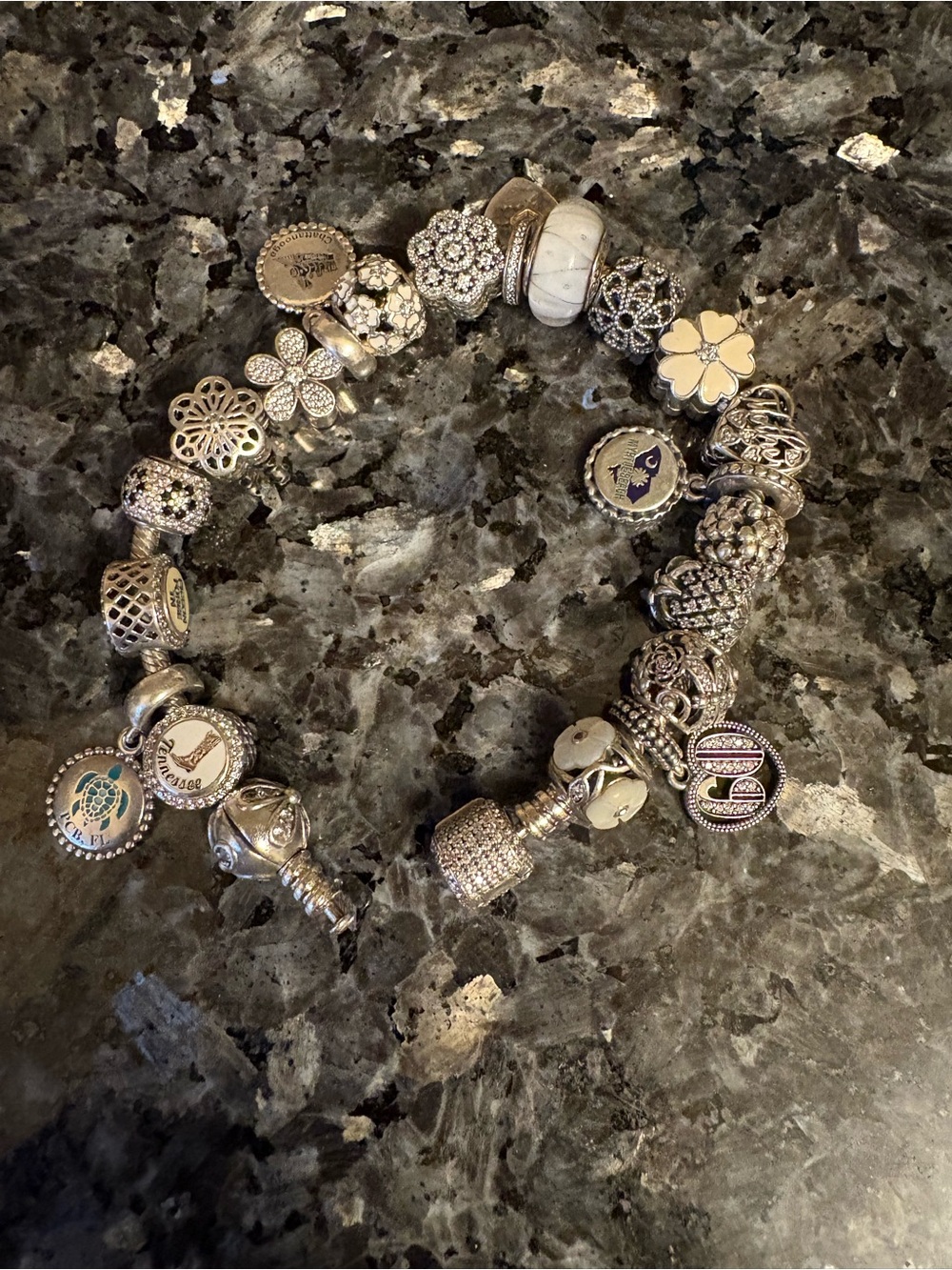 Pandora Silver Charm Bracelet with White and Cream Accents